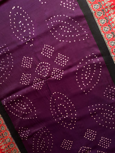 KALINDI: HANDMADE BANDHANI AJRAKH MODAL SILK SAREE WITH TISSUE PALLU