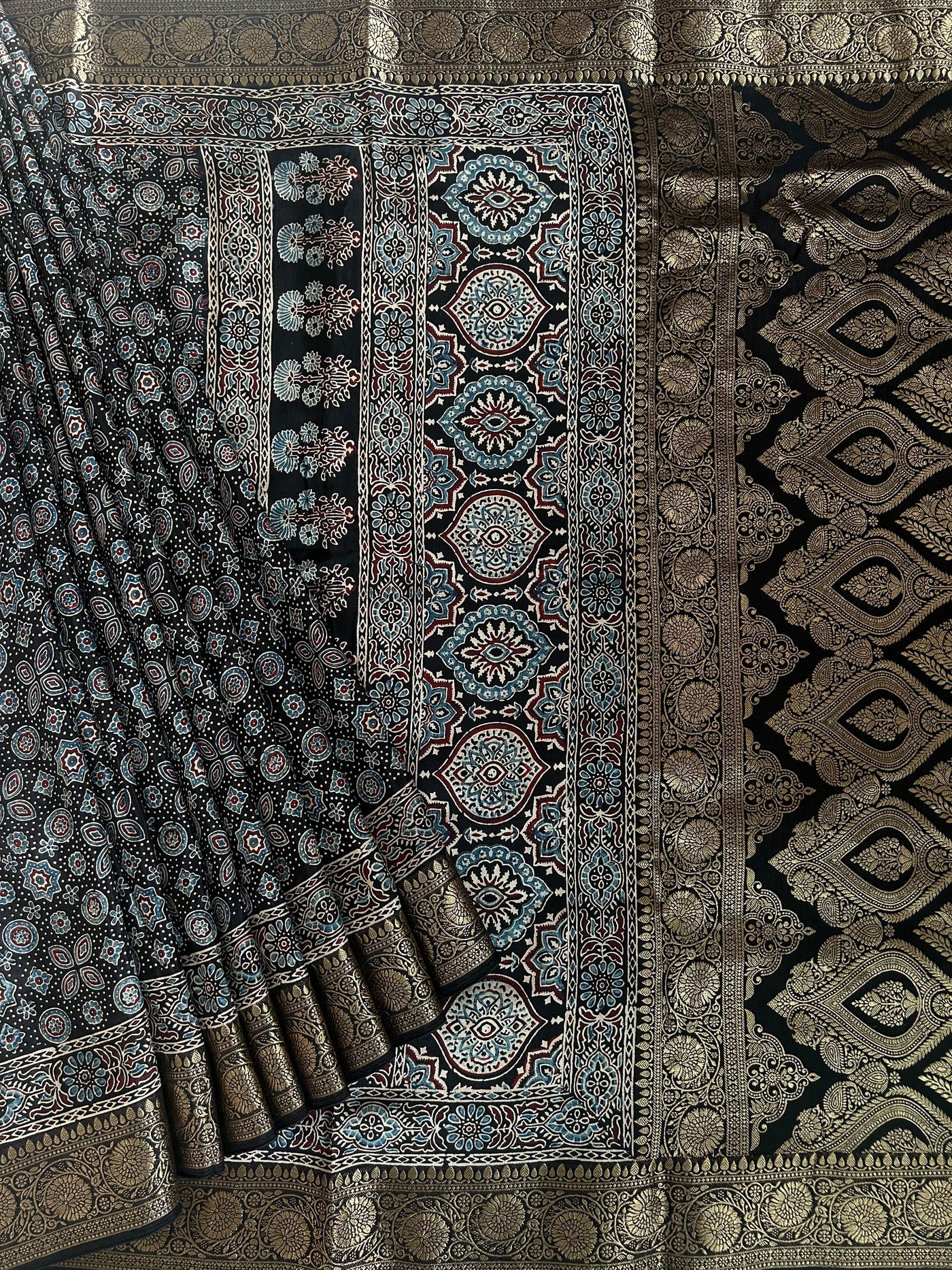 OJASWINI: Handblock Ajrakh Dola Silk Saree with Meenakari Pallu