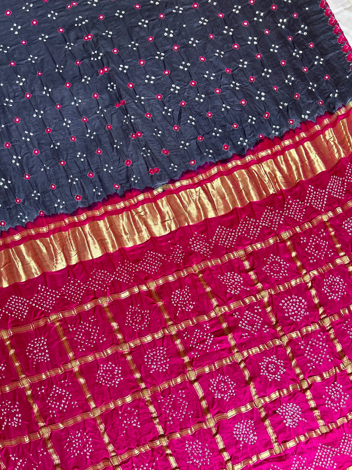 MEHAK: Pure Gajji Silk Rai dana designer Bandhani Gharchola Saree.