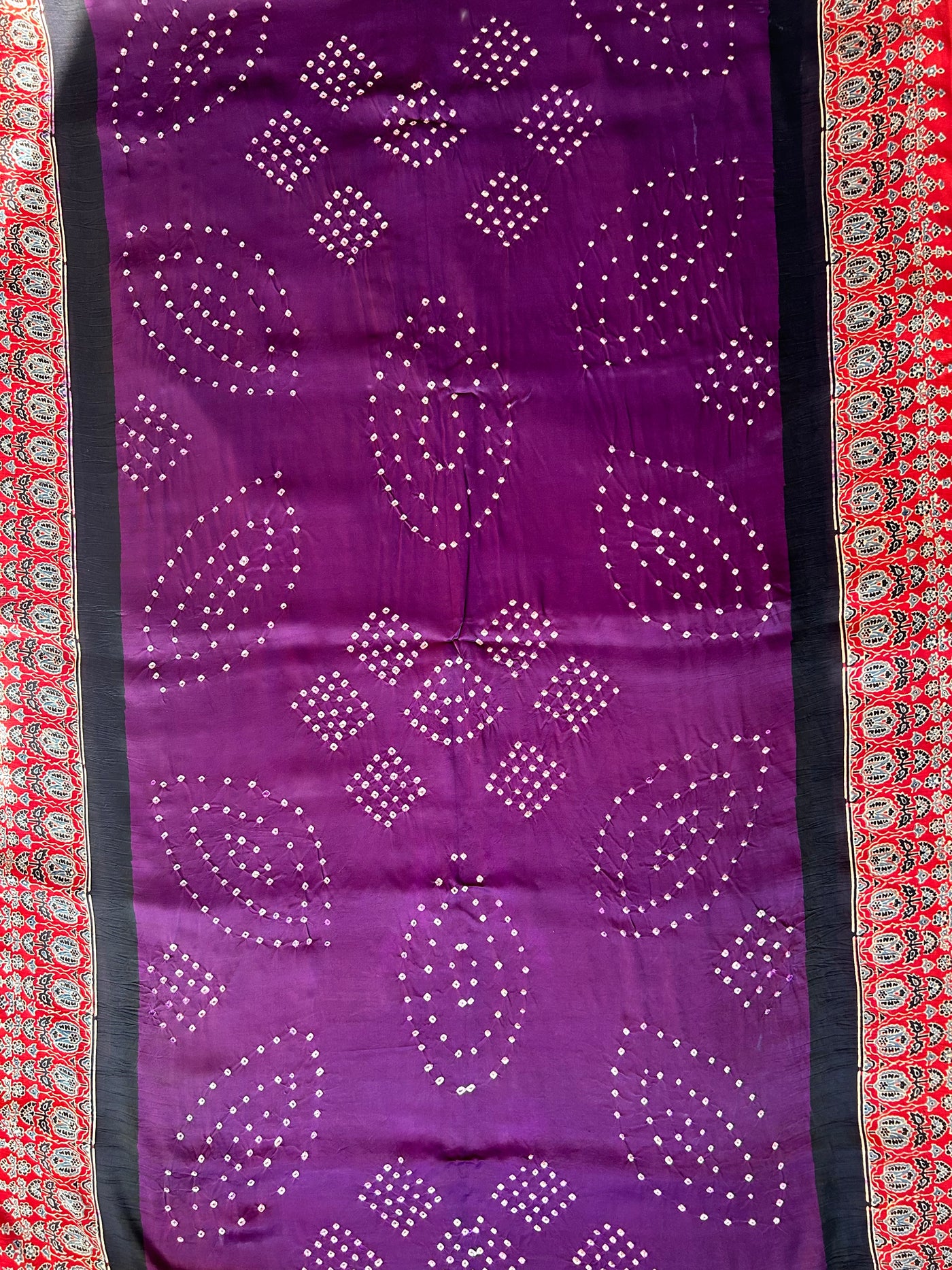 KALINDI: HANDMADE BANDHANI AJRAKH MODAL SILK SAREE WITH TISSUE PALLU