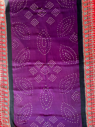 KALINDI: HANDMADE BANDHANI AJRAKH MODAL SILK SAREE WITH TISSUE PALLU