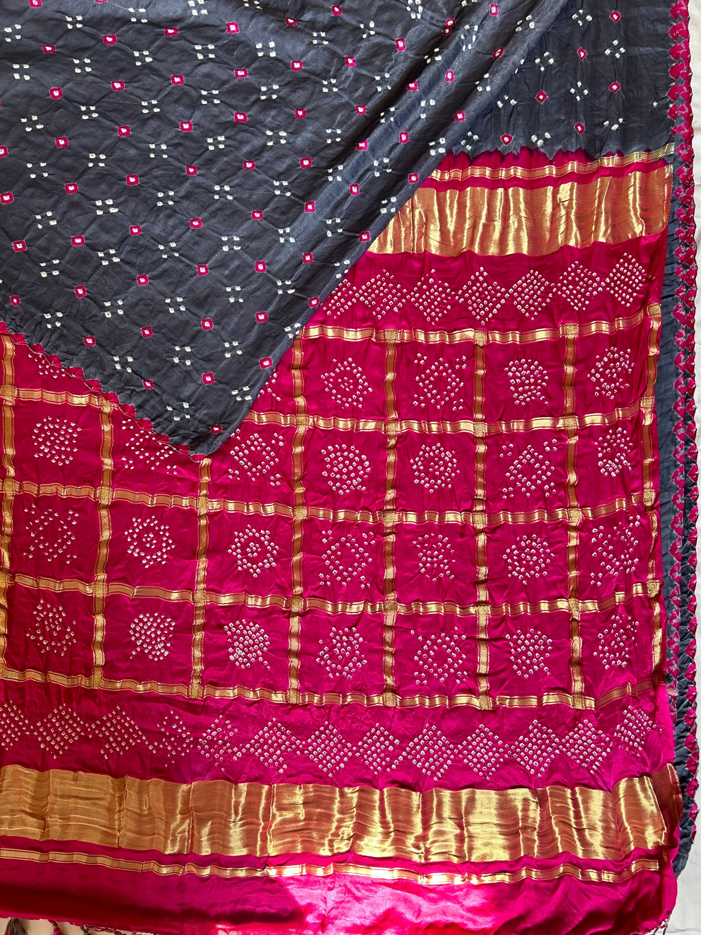 MEHAK: Pure Gajji Silk Rai dana designer Bandhani Gharchola Saree.