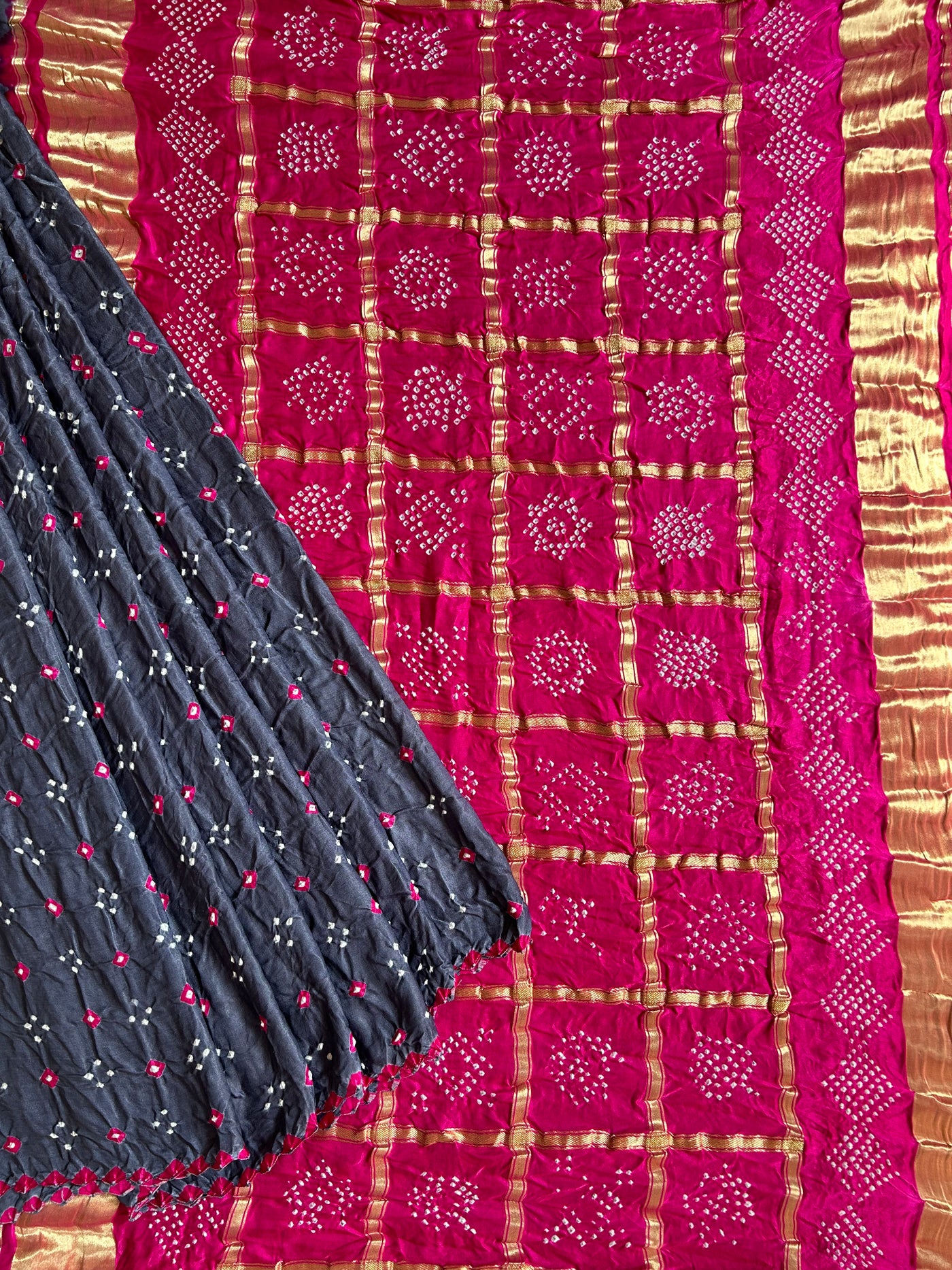 MEHAK: Pure Gajji Silk Rai dana designer Bandhani Gharchola Saree.