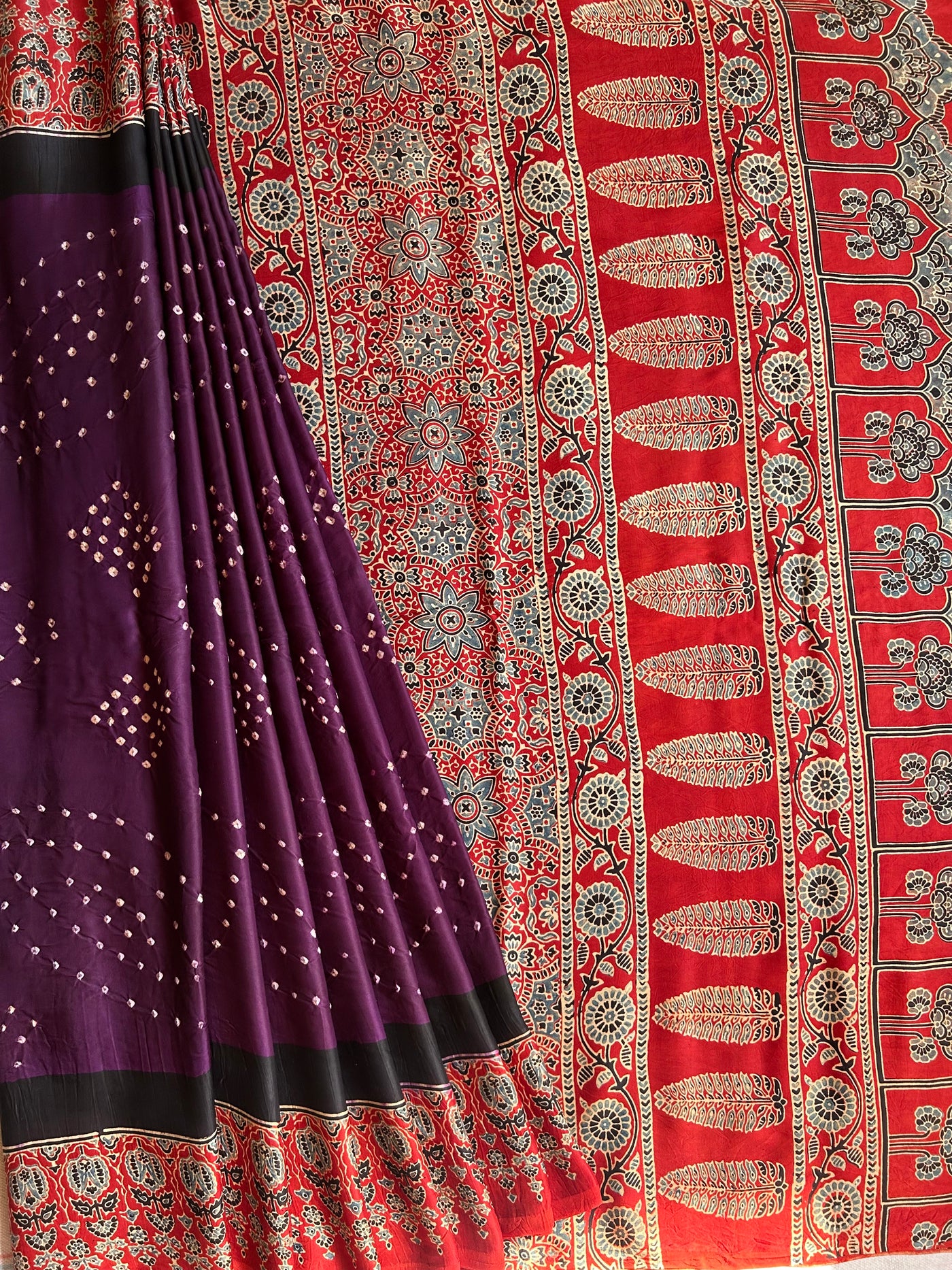 KALINDI: HANDMADE BANDHANI AJRAKH MODAL SILK SAREE WITH TISSUE PALLU
