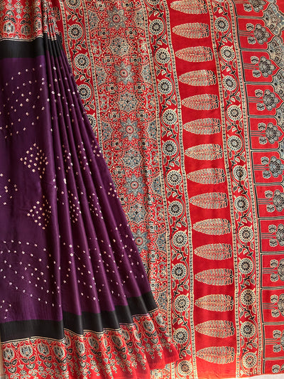 KALINDI: HANDMADE BANDHANI AJRAKH MODAL SILK SAREE WITH TISSUE PALLU