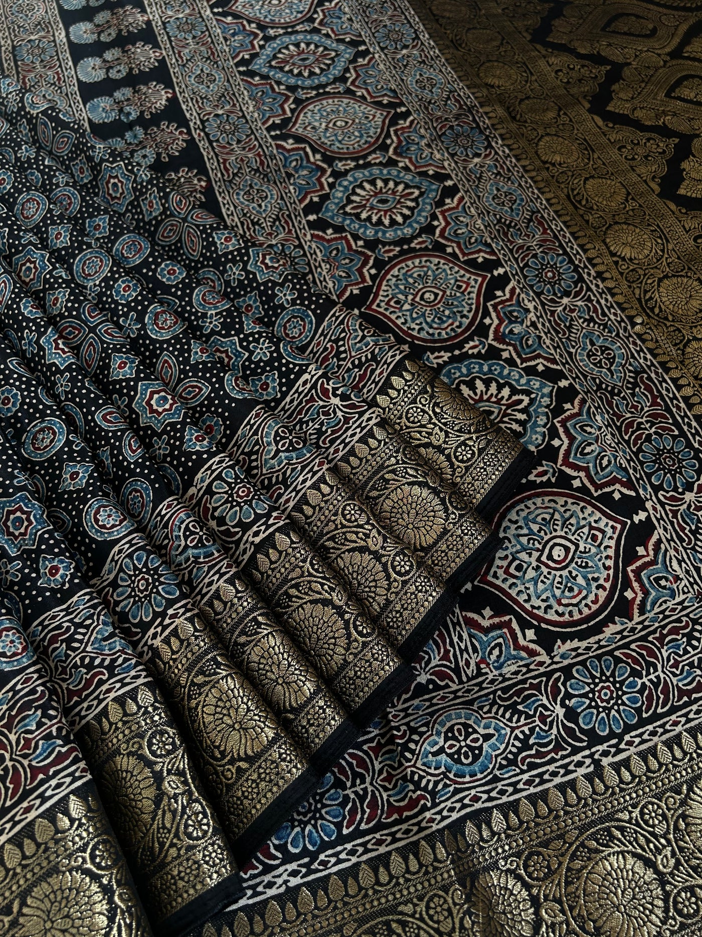 OJASWINI: Handblock Ajrakh Dola Silk Saree with Meenakari Pallu