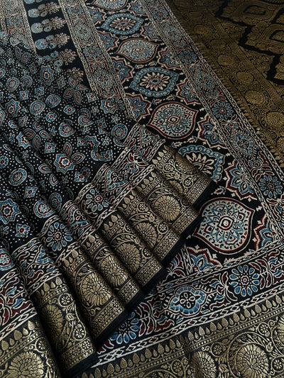 OJASWINI: Handblock Ajrakh Dola Silk Saree with Meenakari Pallu