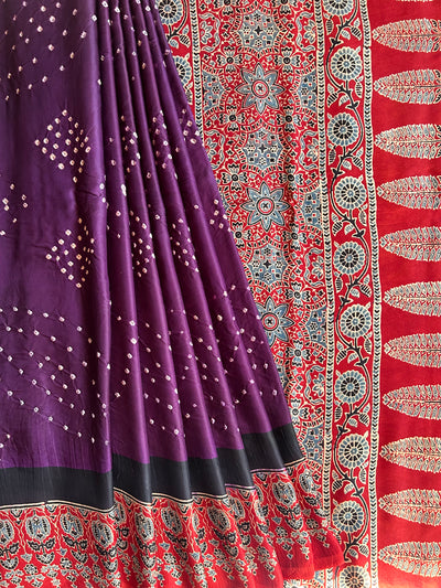 KALINDI: HANDMADE BANDHANI AJRAKH MODAL SILK SAREE WITH TISSUE PALLU