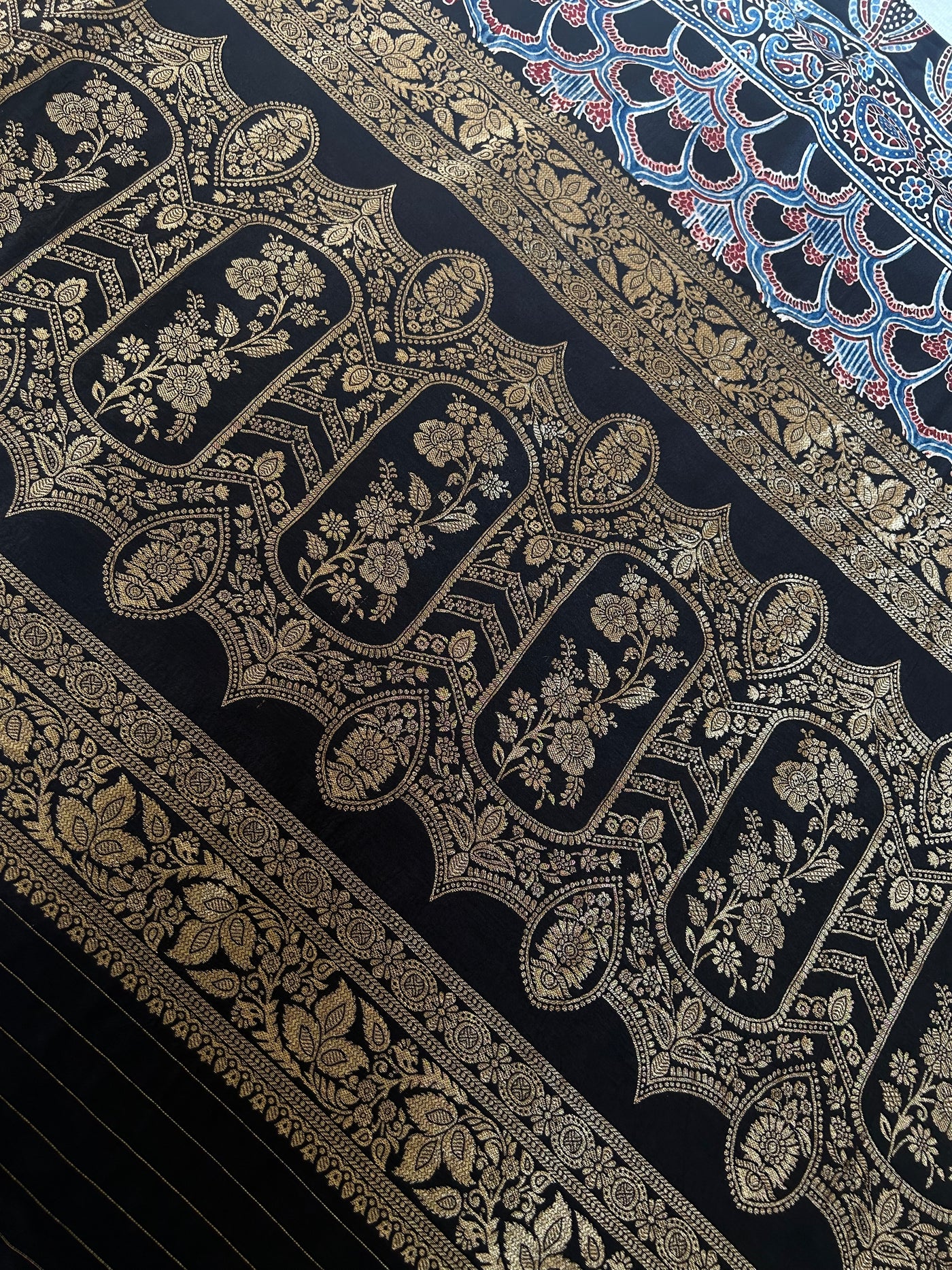 GUNJAN: Handblock Ajrakh Dola Silk Saree with Meenakari Pallu