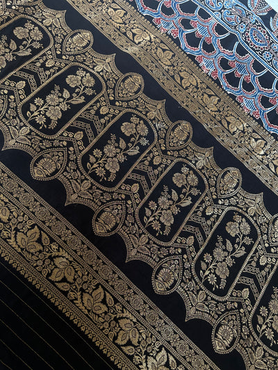 GUNJAN: Handblock Ajrakh Dola Silk Saree with Meenakari Pallu