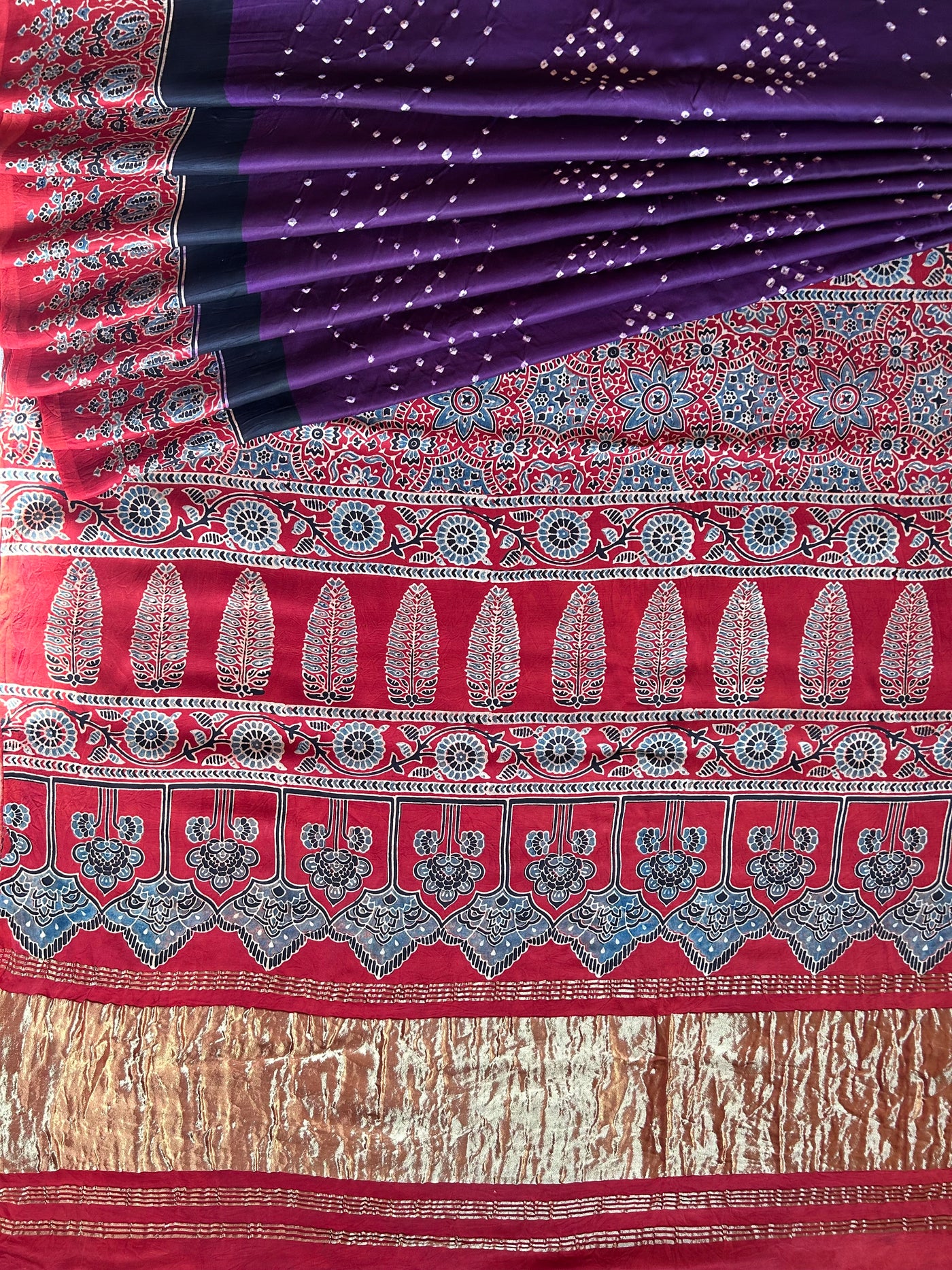 KALINDI: HANDMADE BANDHANI AJRAKH MODAL SILK SAREE WITH TISSUE PALLU