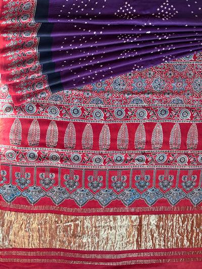 KALINDI: HANDMADE BANDHANI AJRAKH MODAL SILK SAREE WITH TISSUE PALLU
