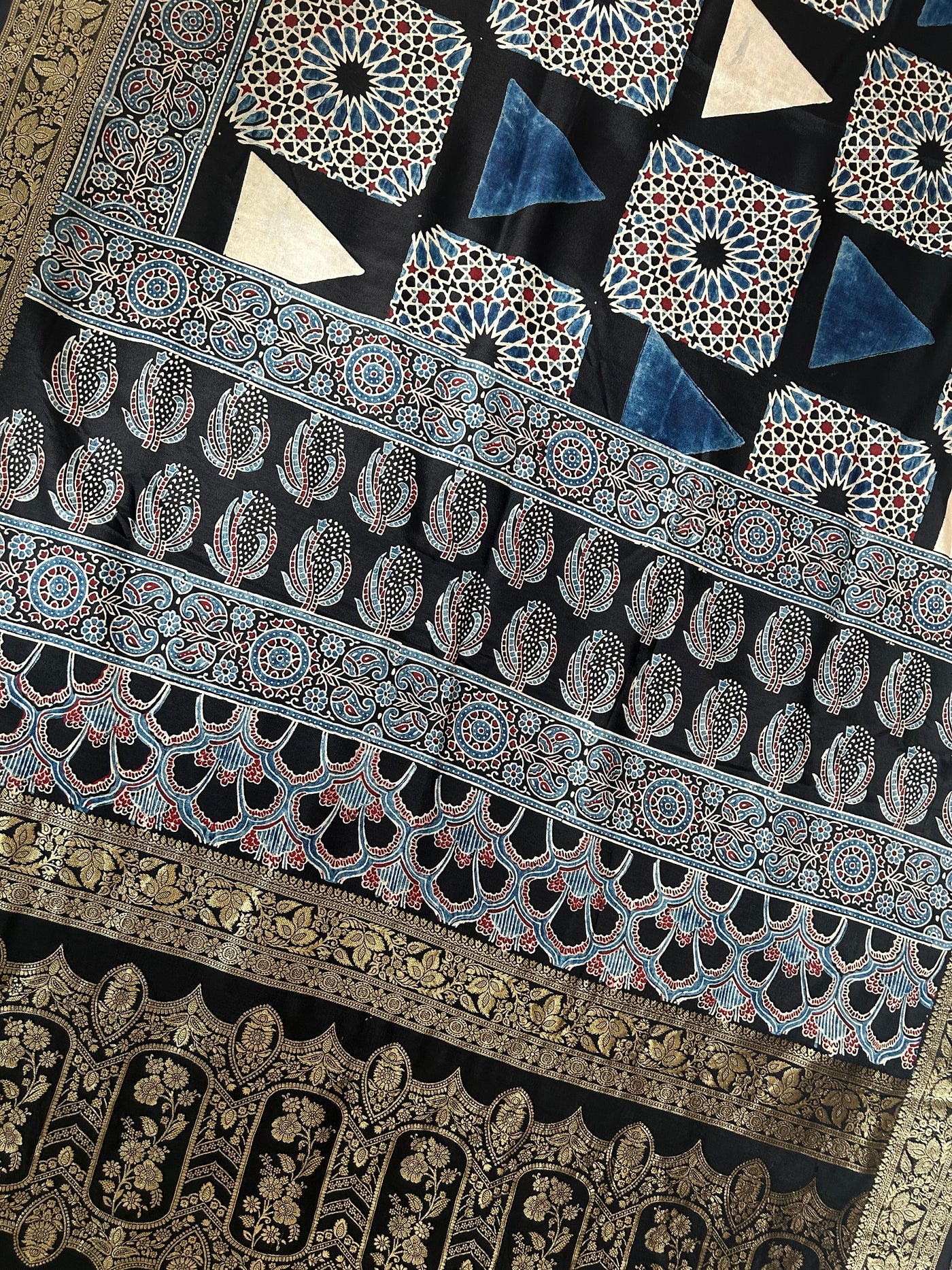 GUNJAN: Handblock Ajrakh Dola Silk Saree with Meenakari Pallu