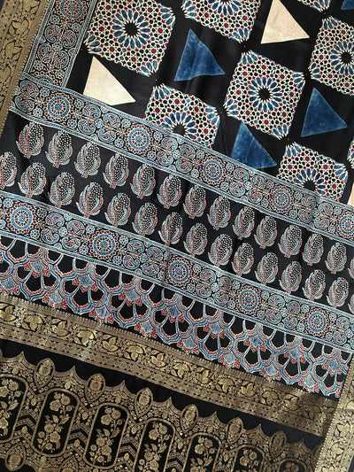 GUNJAN: Handblock Ajrakh Dola Silk Saree with Meenakari Pallu