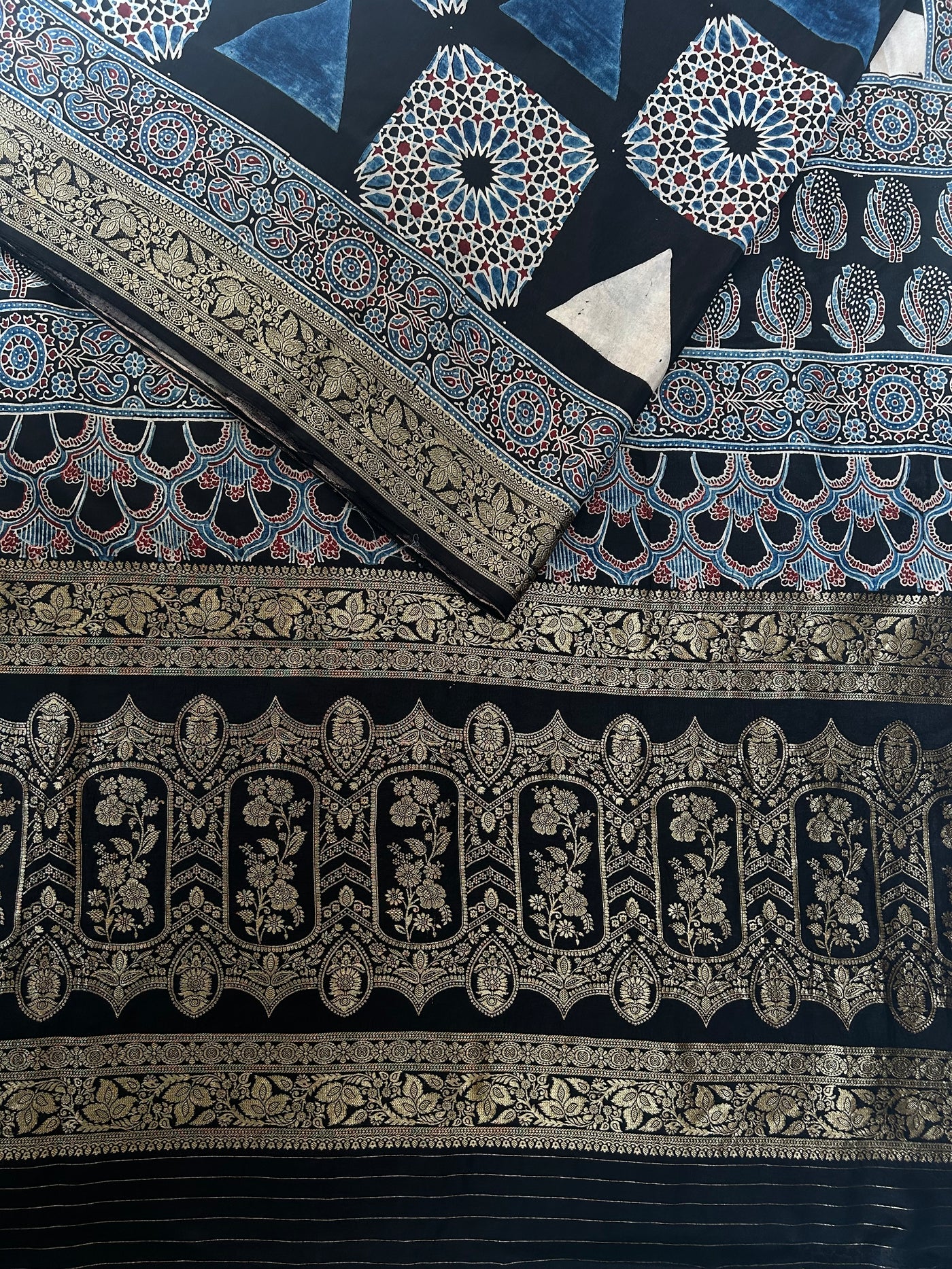 GUNJAN: Handblock Ajrakh Dola Silk Saree with Meenakari Pallu