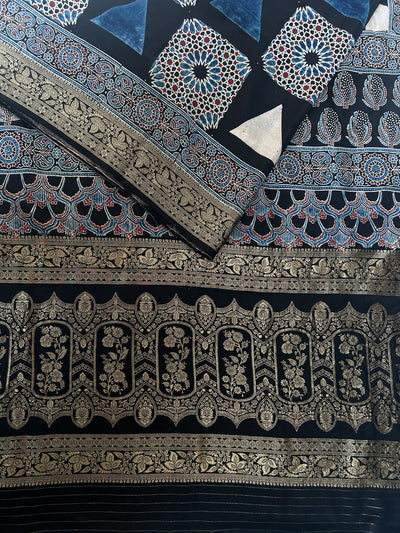 GUNJAN: Handblock Ajrakh Dola Silk Saree with Meenakari Pallu