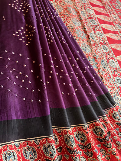 KALINDI: HANDMADE BANDHANI AJRAKH MODAL SILK SAREE WITH TISSUE PALLU
