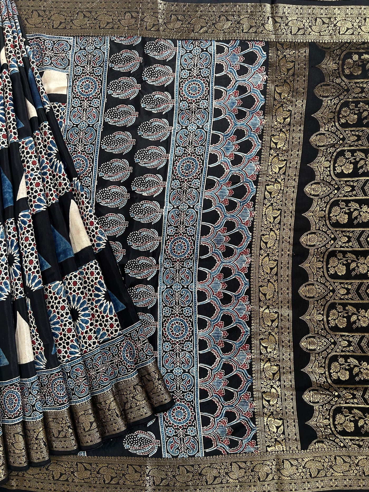GUNJAN: Handblock Ajrakh Dola Silk Saree with Meenakari Pallu