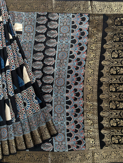 GUNJAN: Handblock Ajrakh Dola Silk Saree with Meenakari Pallu