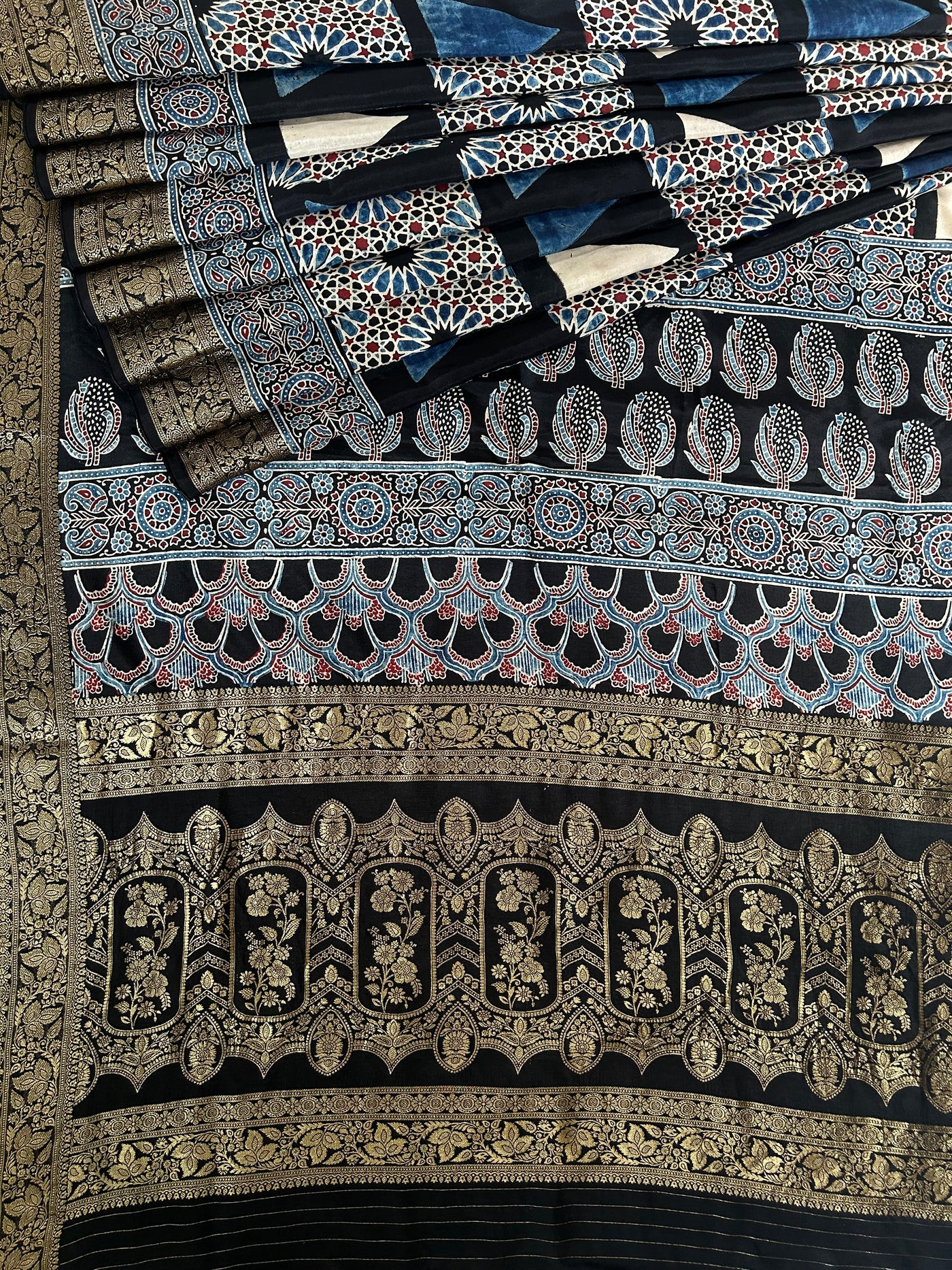 GUNJAN: Handblock Ajrakh Dola Silk Saree with Meenakari Pallu