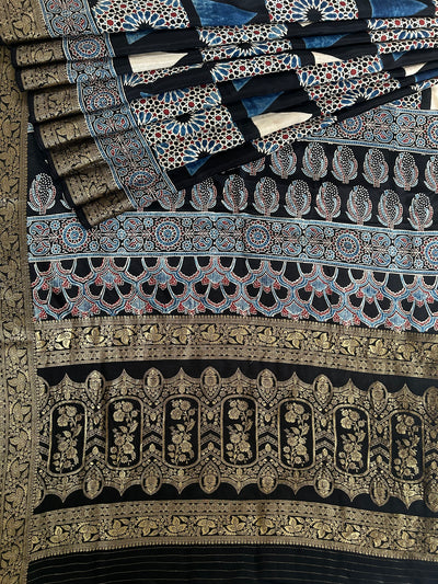 GUNJAN: Handblock Ajrakh Dola Silk Saree with Meenakari Pallu