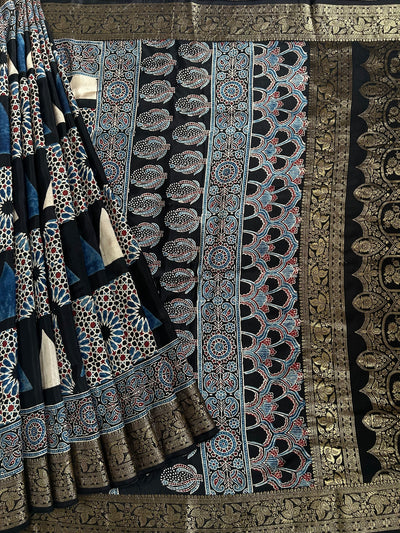 GUNJAN: Handblock Ajrakh Dola Silk Saree with Meenakari Pallu