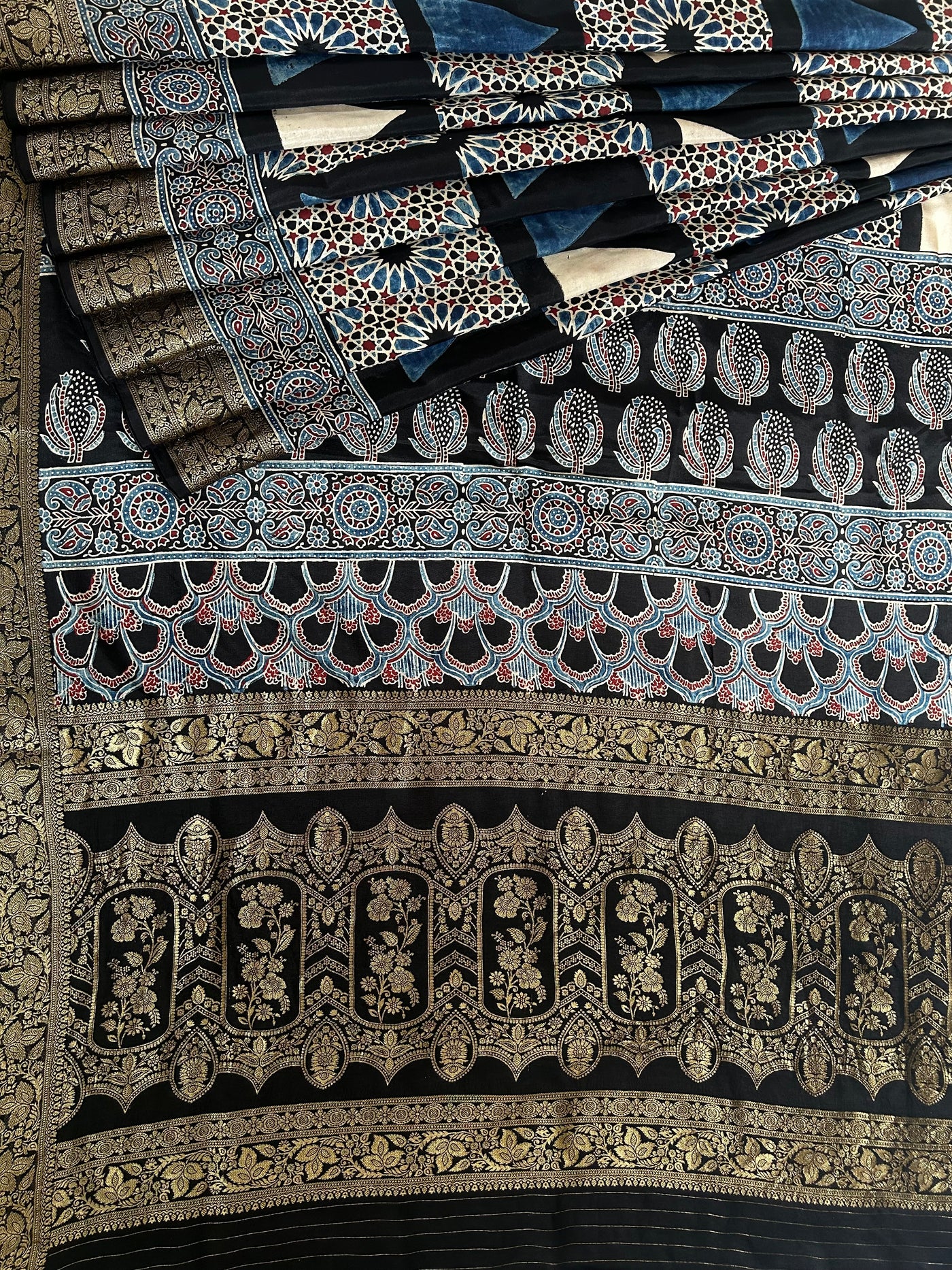 GUNJAN: Handblock Ajrakh Dola Silk Saree with Meenakari Pallu