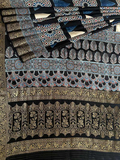GUNJAN: Handblock Ajrakh Dola Silk Saree with Meenakari Pallu