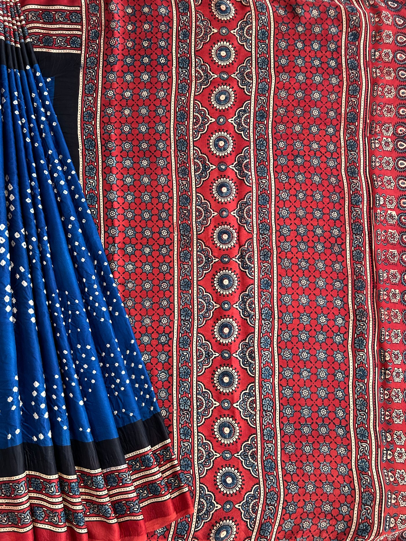 CHAITALI: HANDMADE BANDHANI AJRAKH MODAL SILK SAREE WITH TISSUE PALLU