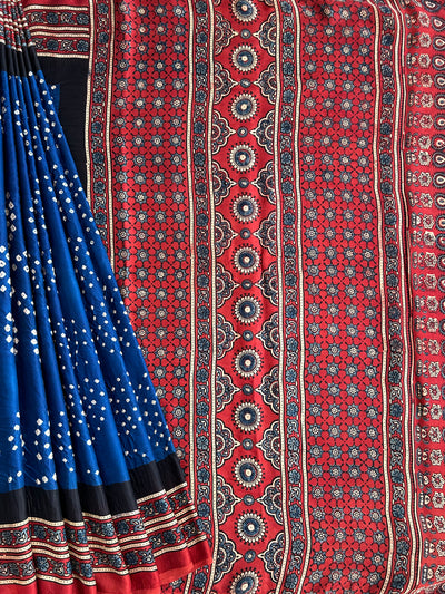CHAITALI: HANDMADE BANDHANI AJRAKH MODAL SILK SAREE WITH TISSUE PALLU
