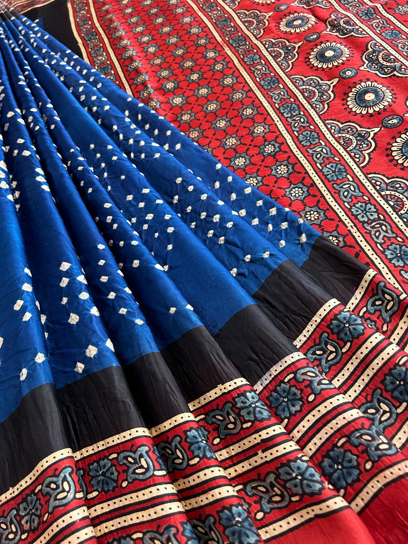 CHAITALI: HANDMADE BANDHANI AJRAKH MODAL SILK SAREE WITH TISSUE PALLU