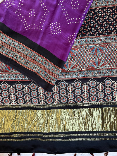 TULIKA: HANDMADE BANDHANI AJRAKH MODAL SILK SAREE WITH TISSUE PALLU