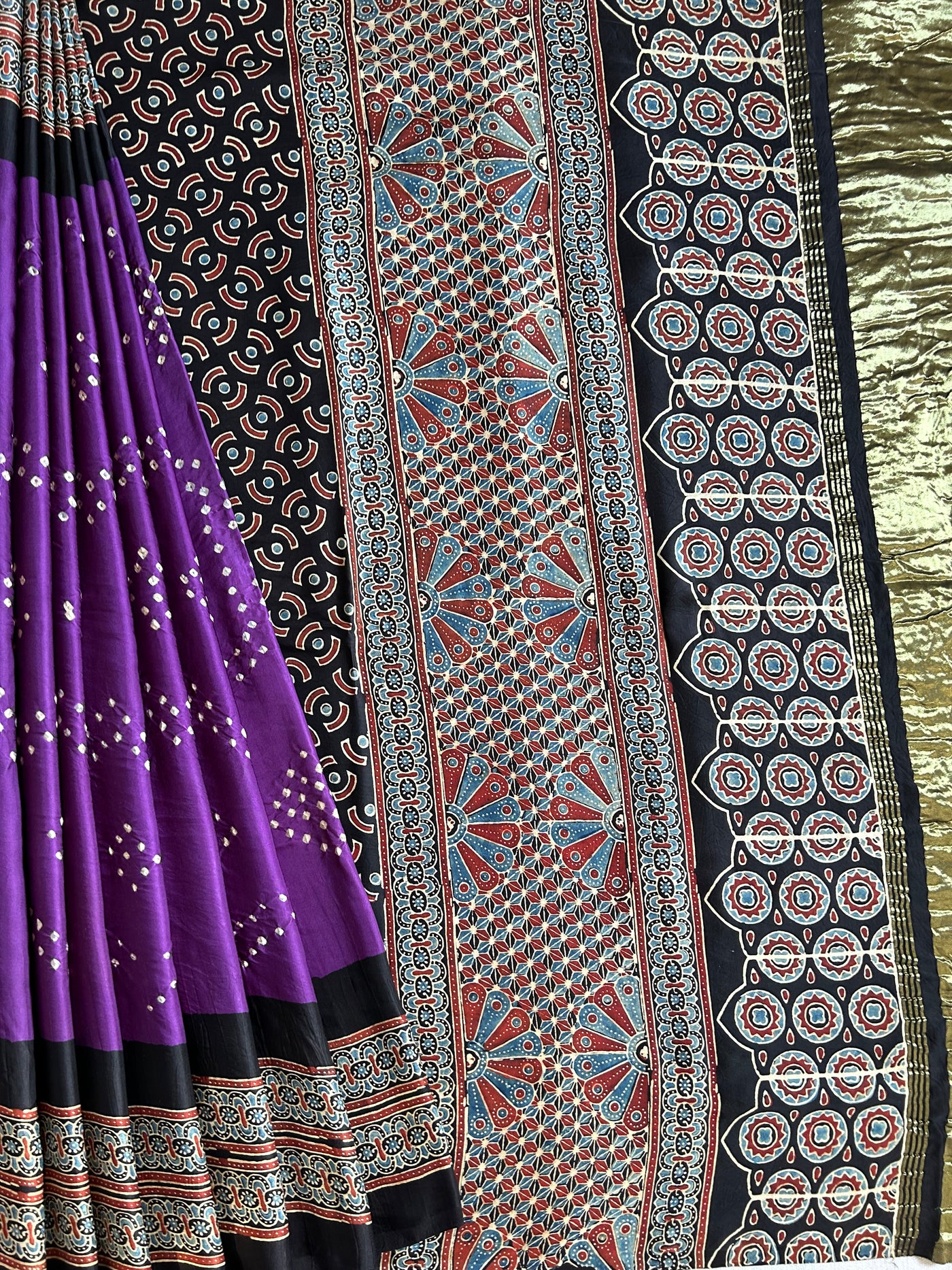 TULIKA: HANDMADE BANDHANI AJRAKH MODAL SILK SAREE WITH TISSUE PALLU