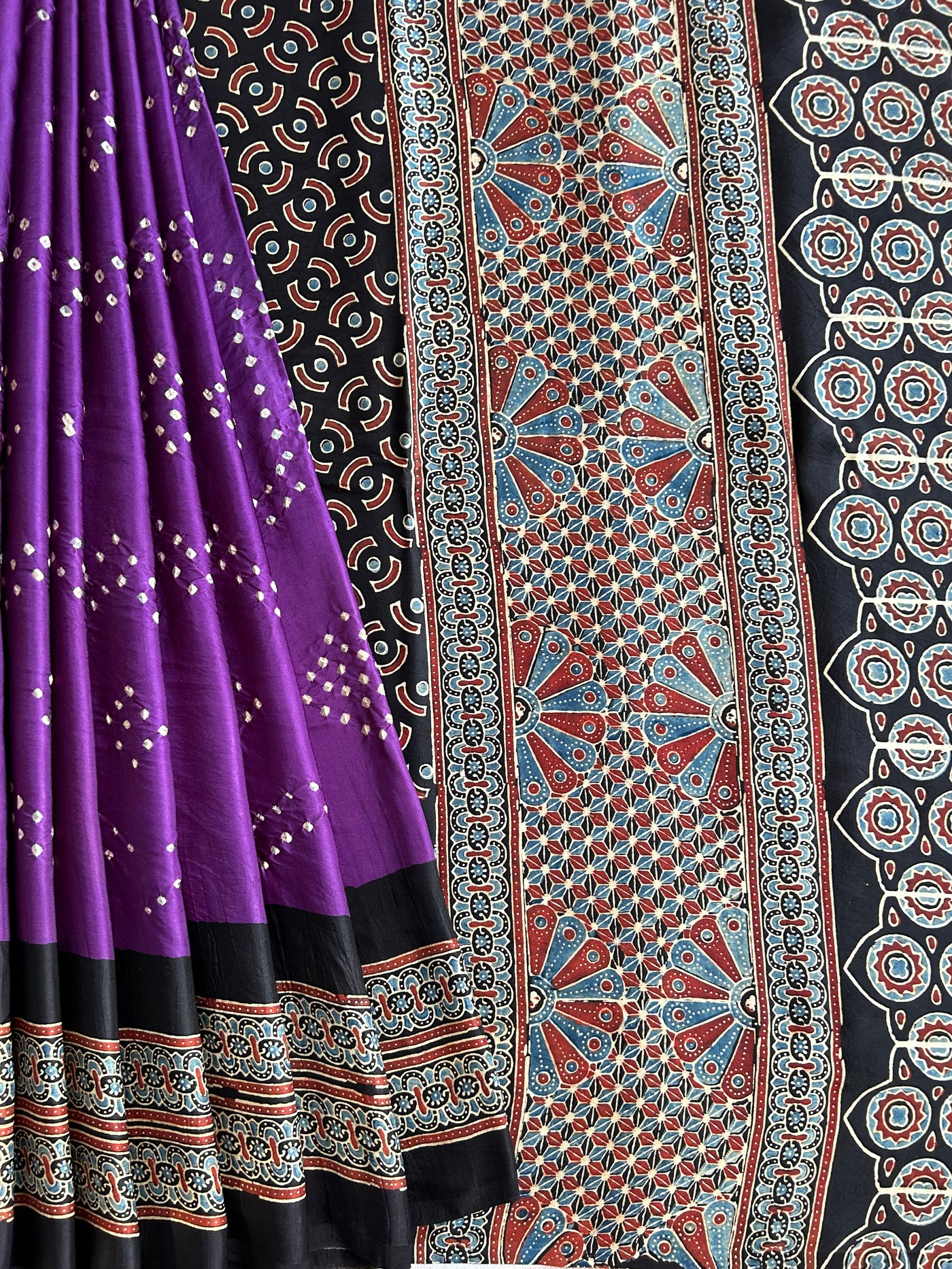 TULIKA: HANDMADE BANDHANI AJRAKH MODAL SILK SAREE WITH TISSUE PALLU