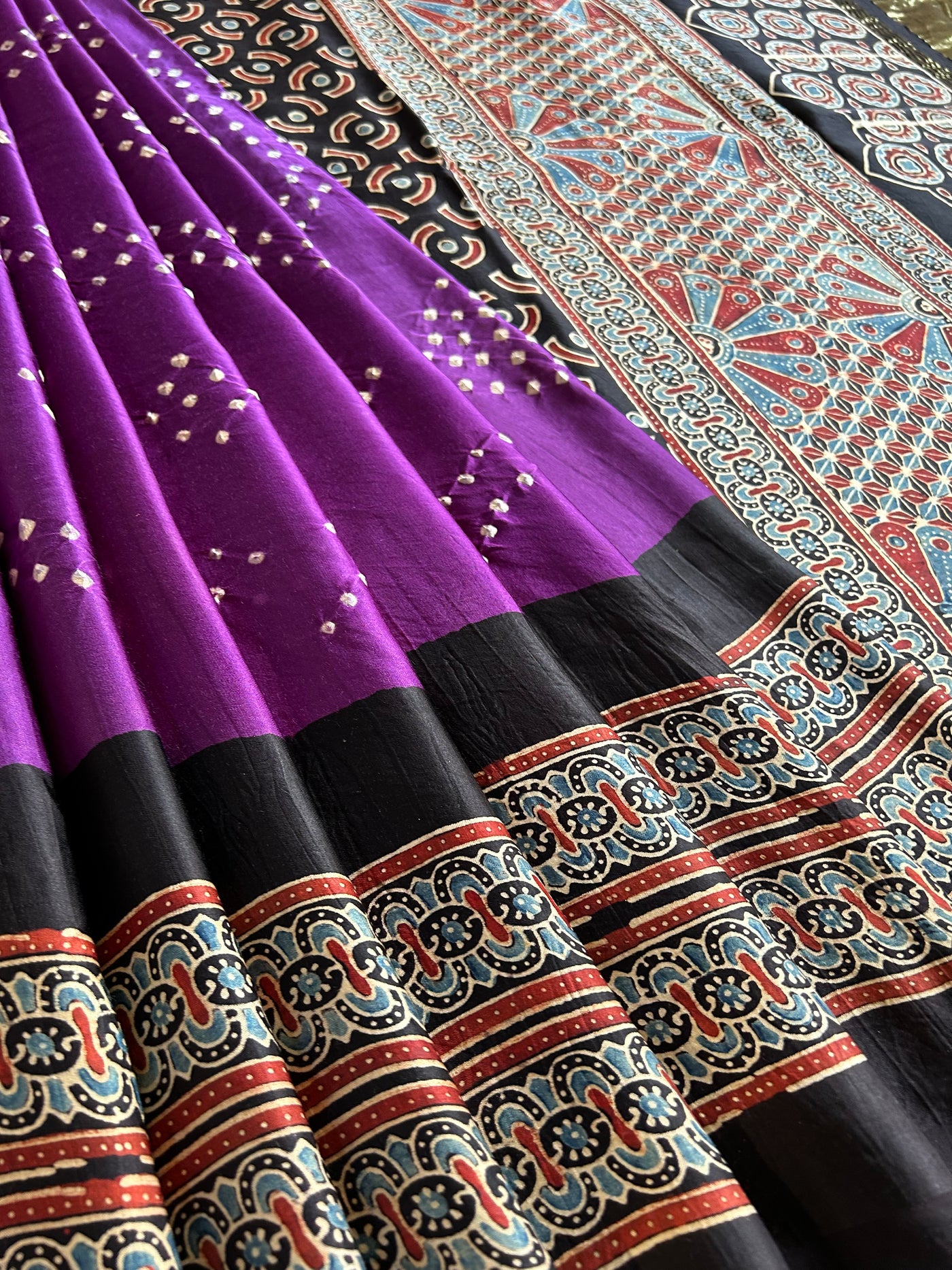 TULIKA: HANDMADE BANDHANI AJRAKH MODAL SILK SAREE WITH TISSUE PALLU