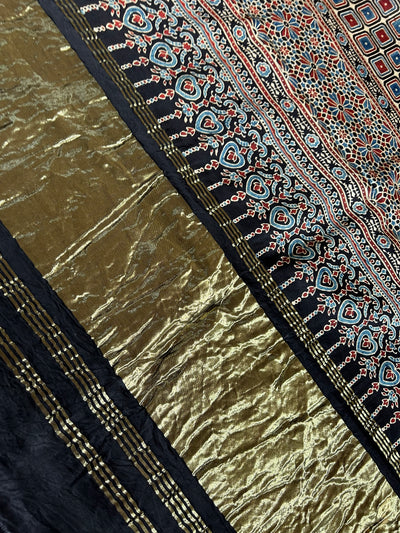 MANJULA-  HANDMADE BANDHANI AJRAKH MODAL SILK SAREE WITH TISSUE PALLU