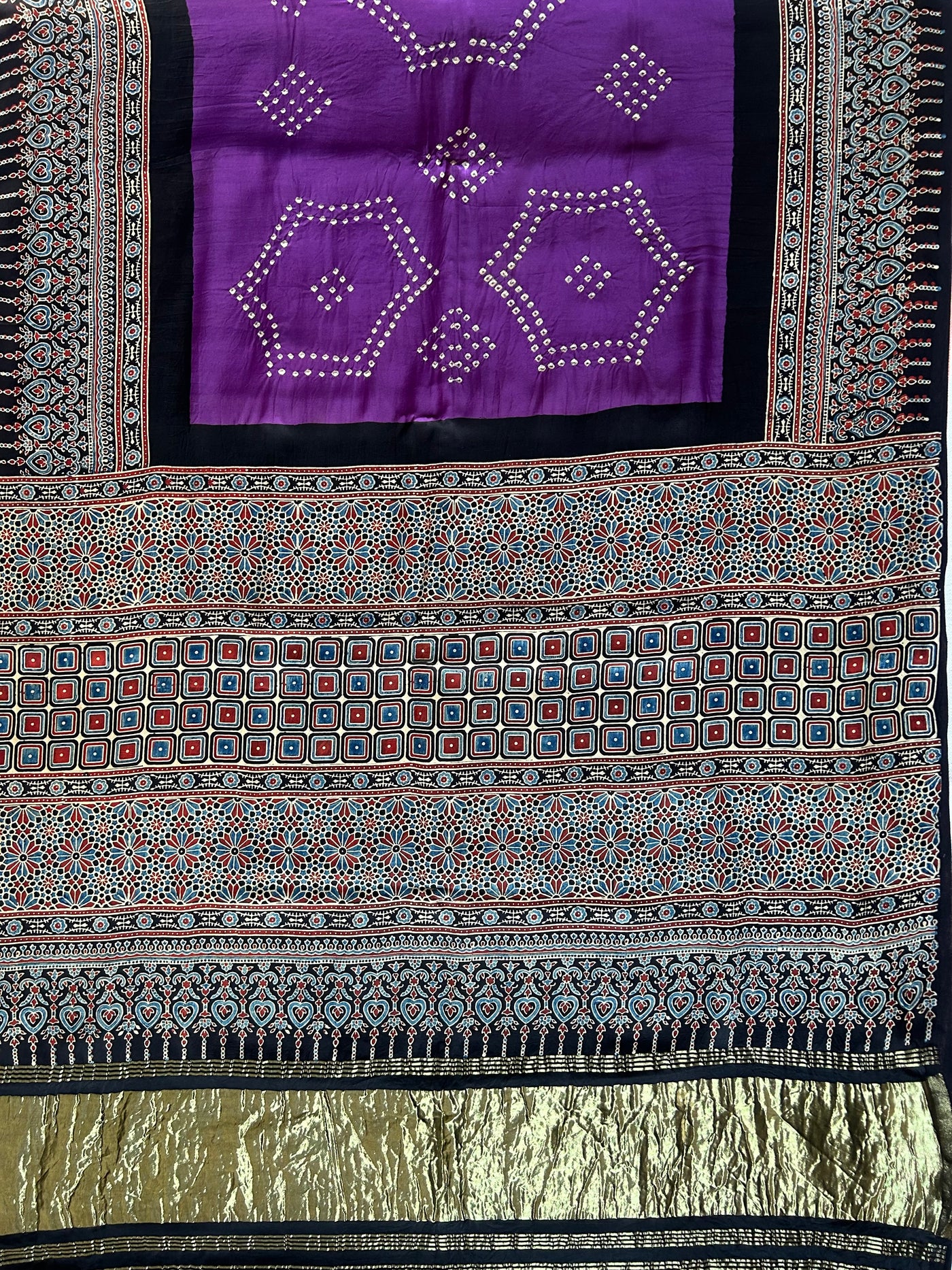 MANJULA-  HANDMADE BANDHANI AJRAKH MODAL SILK SAREE WITH TISSUE PALLU