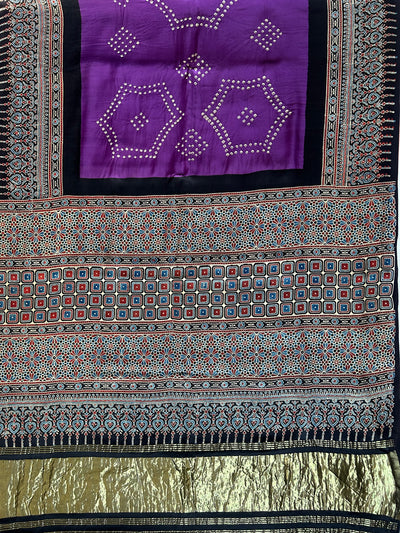 MANJULA-  HANDMADE BANDHANI AJRAKH MODAL SILK SAREE WITH TISSUE PALLU