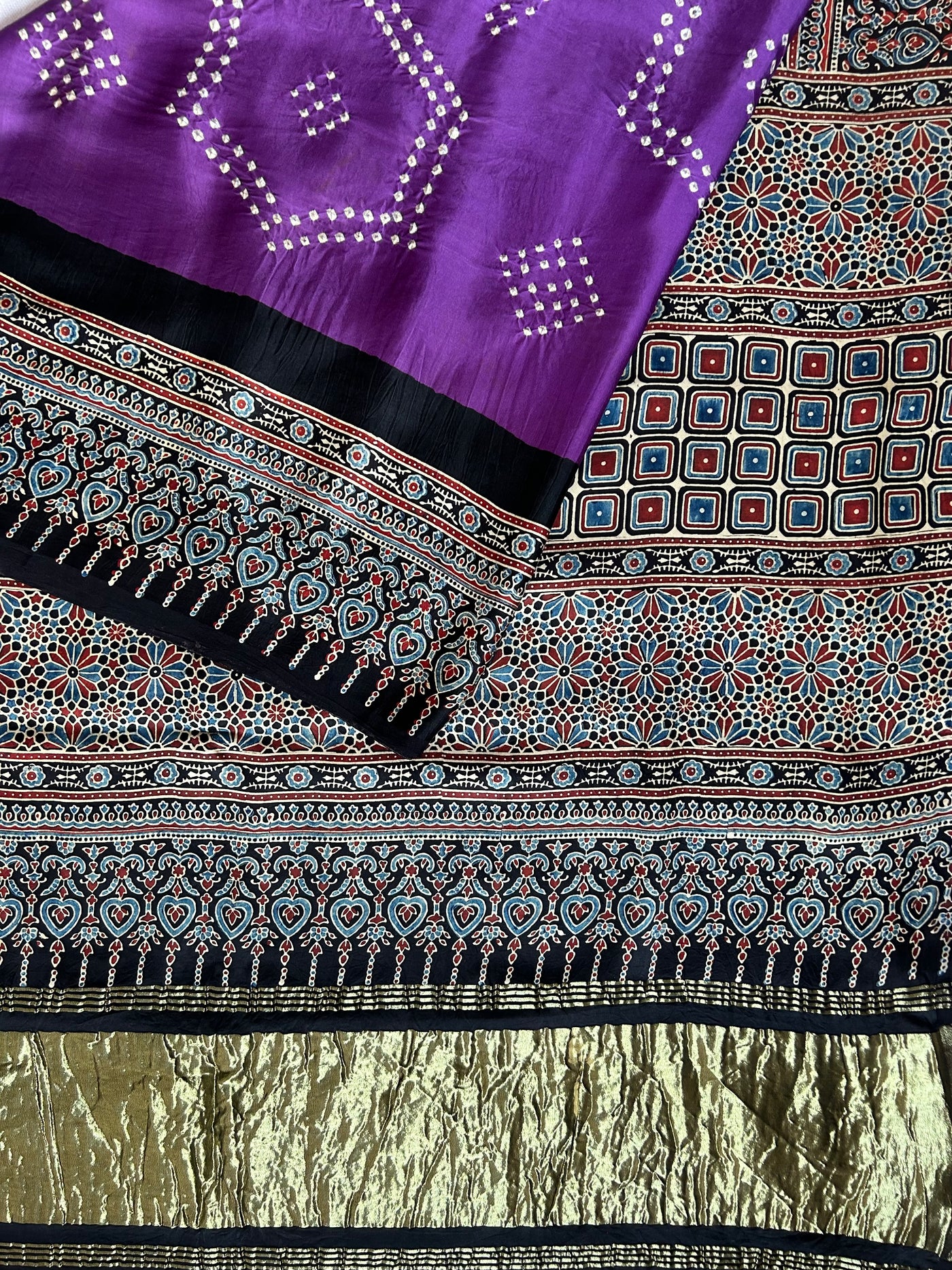 GAURI: HANDMADE BANDHANI AJRAKH MODAL SILK SAREE WITH TISSUE PALLU