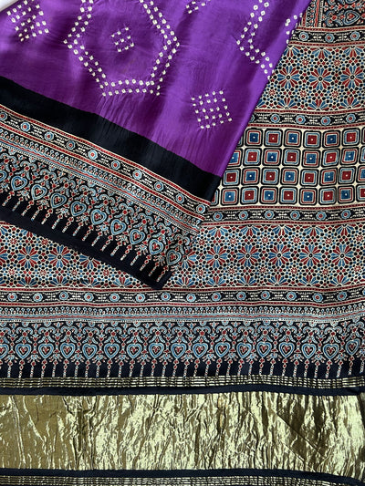 MANJULA-  HANDMADE BANDHANI AJRAKH MODAL SILK SAREE WITH TISSUE PALLU