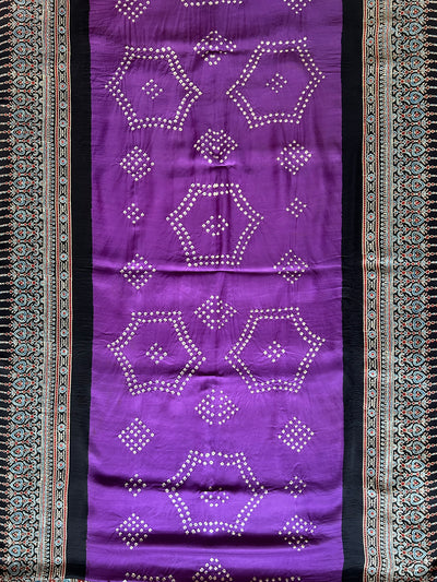 MANJULA-  HANDMADE BANDHANI AJRAKH MODAL SILK SAREE WITH TISSUE PALLU