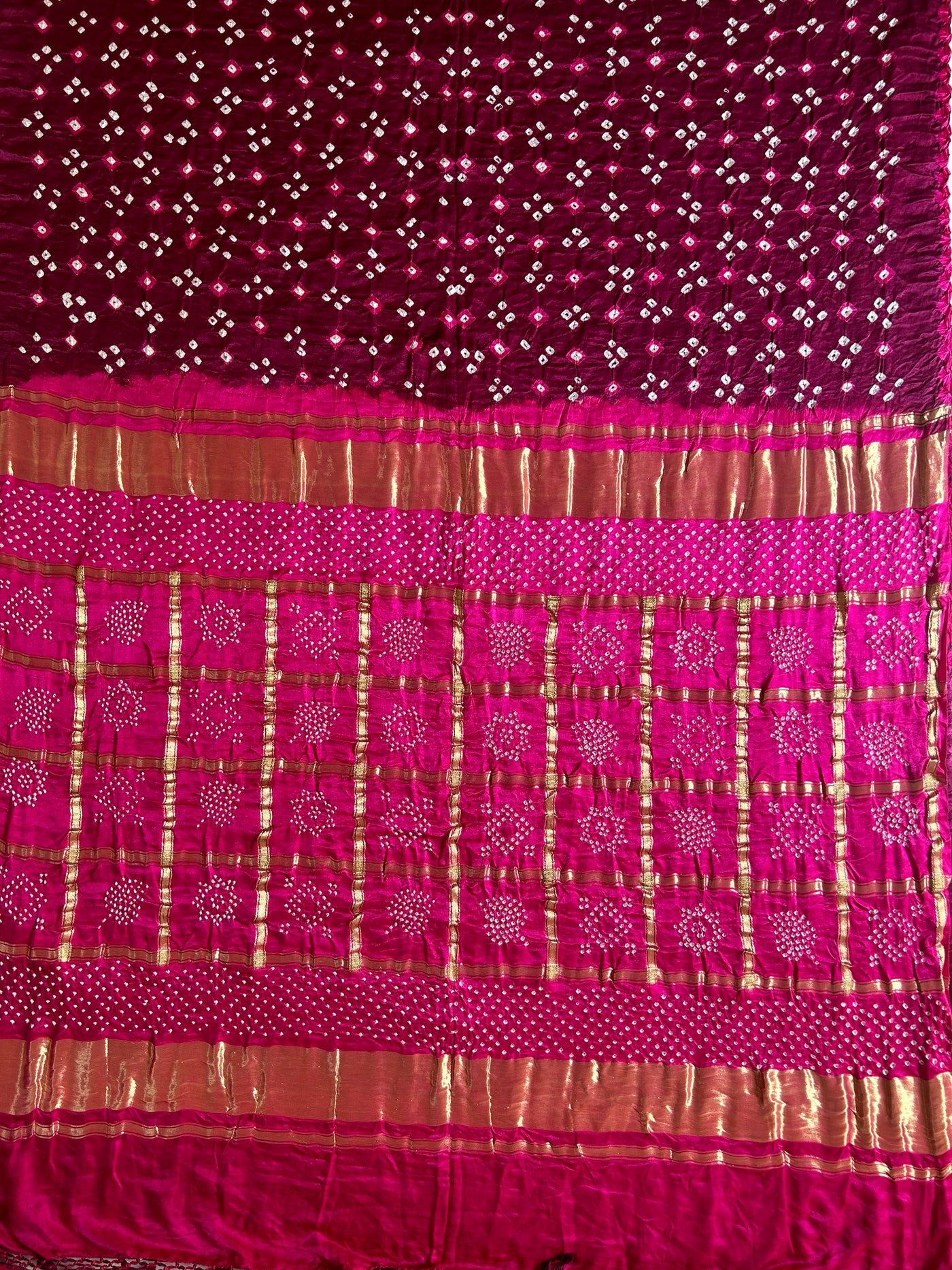 BARKHA: Pure Gajji Silk Rai dana designer Bandhani Gharchola Saree.