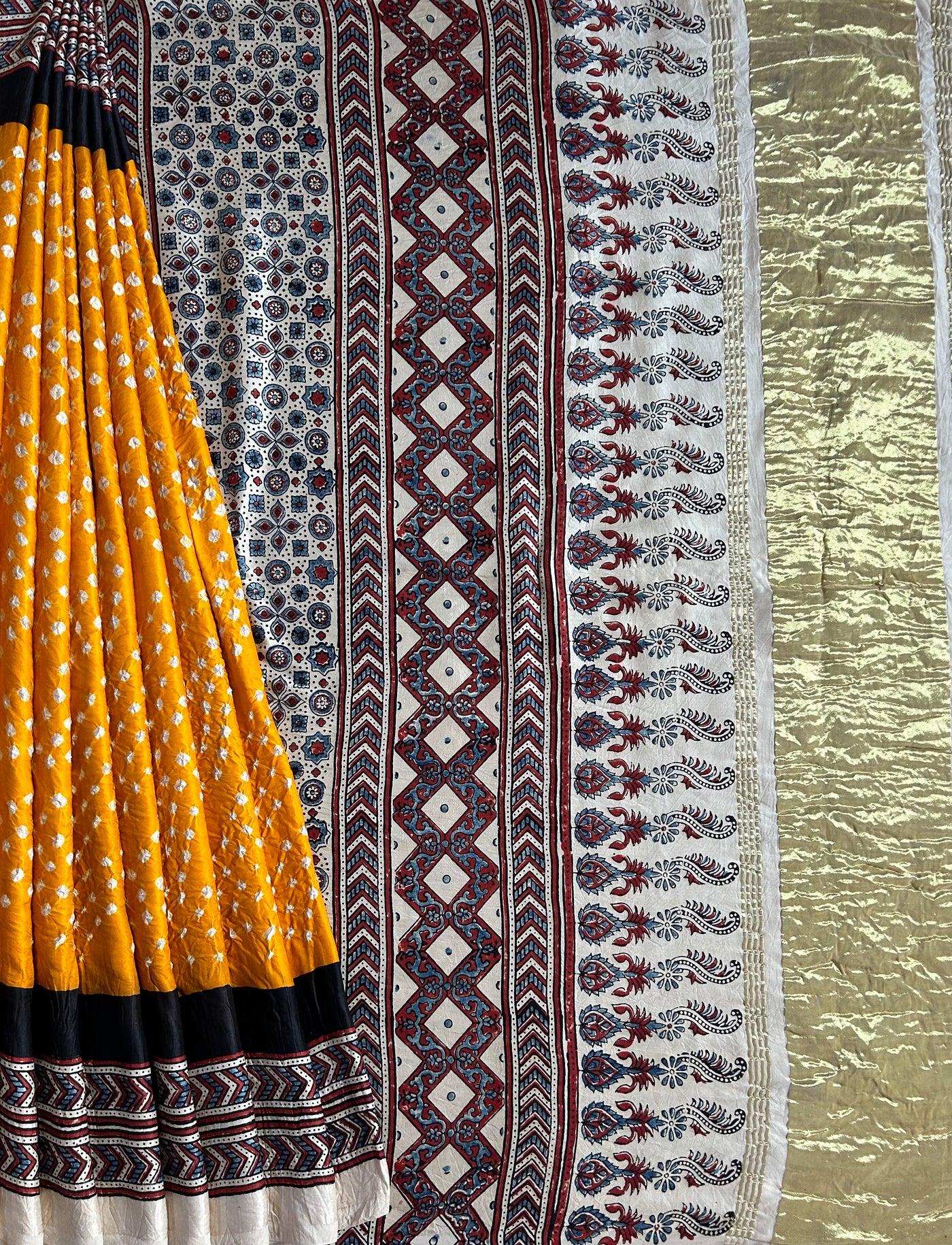 DAMYANTI -HANDMADE BANDHANI AJRAKH MODAL SILK SAREE WITH TISSUE PALLU