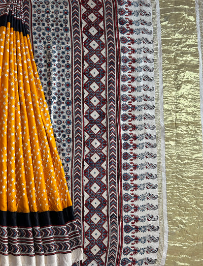 DAMYANTI -HANDMADE BANDHANI AJRAKH MODAL SILK SAREE WITH TISSUE PALLU