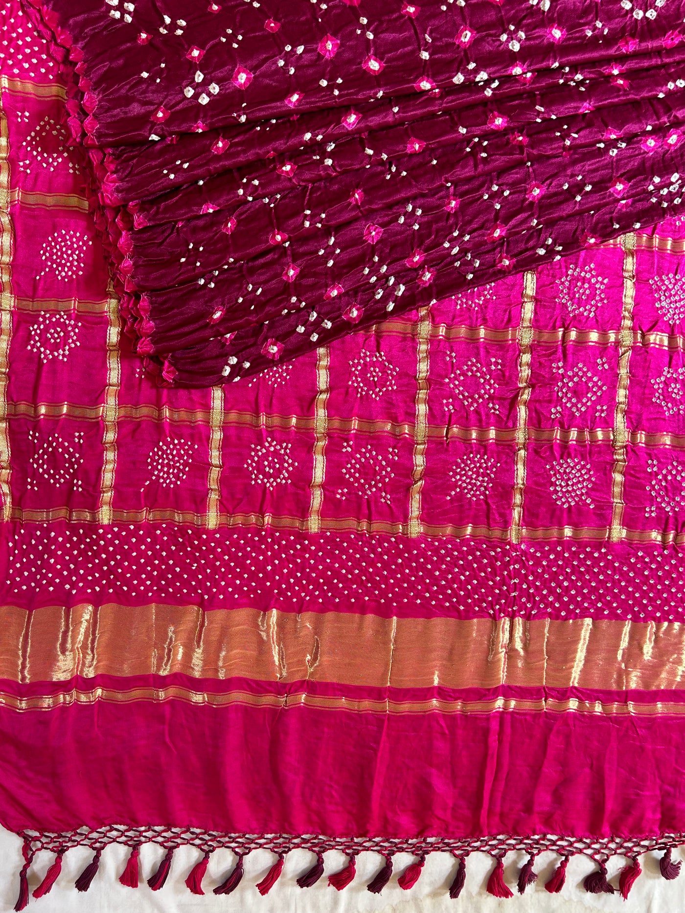 BARKHA: Pure Gajji Silk Rai dana designer Bandhani Gharchola Saree.