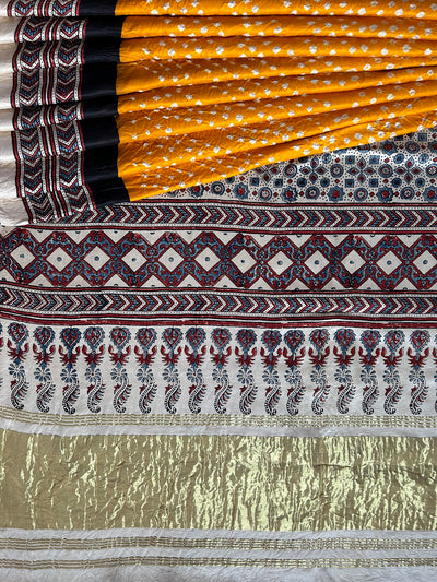 DAMYANTI -HANDMADE BANDHANI AJRAKH MODAL SILK SAREE WITH TISSUE PALLU