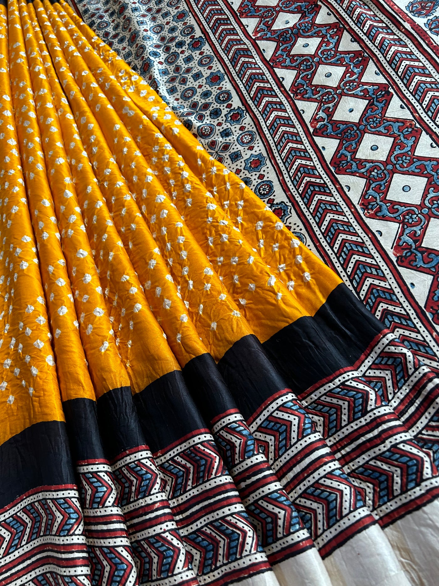 DAMYANTI -HANDMADE BANDHANI AJRAKH MODAL SILK SAREE WITH TISSUE PALLU