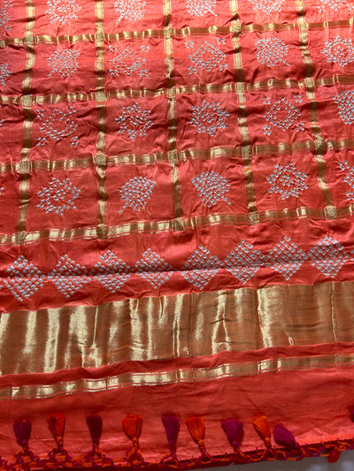 GAURI: Pure Gajji Silk Rai dana designer Bandhani Gharchola Saree.