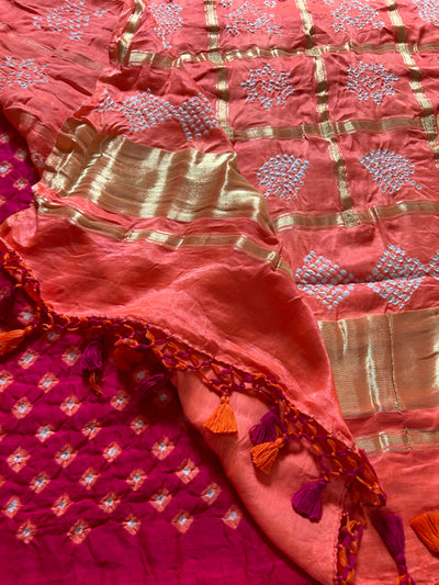 GAURI: Pure Gajji Silk Rai dana designer Bandhani Gharchola Saree.