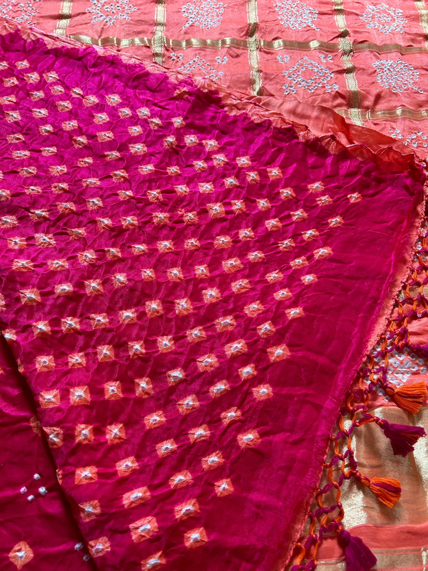 GAURI: Pure Gajji Silk Rai dana designer Bandhani Gharchola Saree.